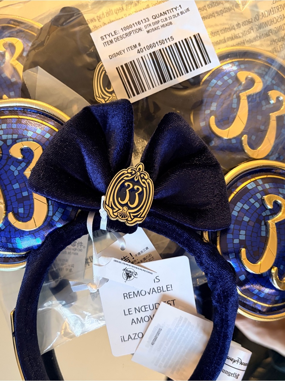 Disney Navy Blue Velvet Ear Headband with Gold Crest and Mosaic Details